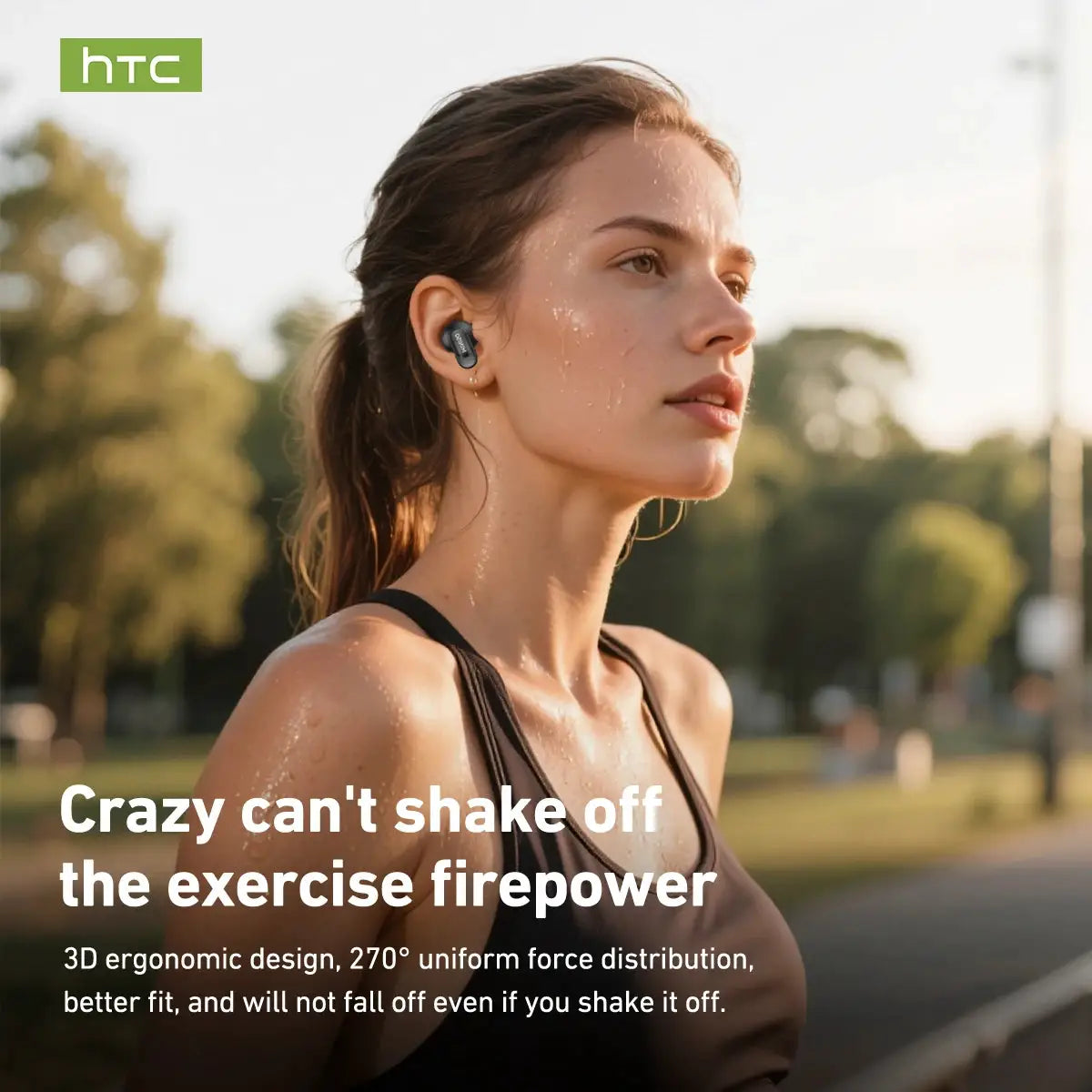 HTC NE79 TWS Bluetooth wireless earbuds worn by a woman during outdoor workout; black earbuds with HTC logo visible.