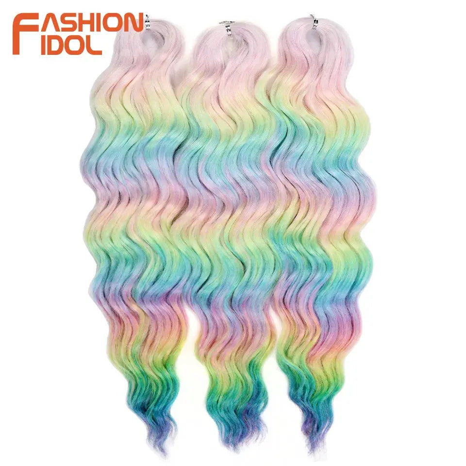 Anna 24in synthetic water-wave hair extensions, pastel rainbow ombre, set of 3 bundles, Fashion Idol