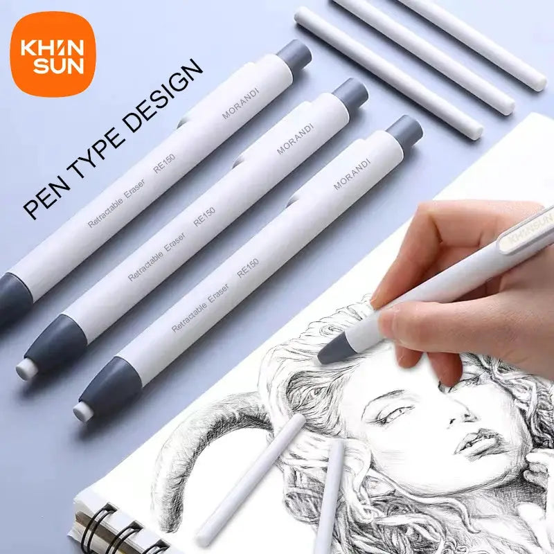 KHINSUN retractable pencil eraser set of 4; white pens with gray caps, Morandi labels, sketching on notebook