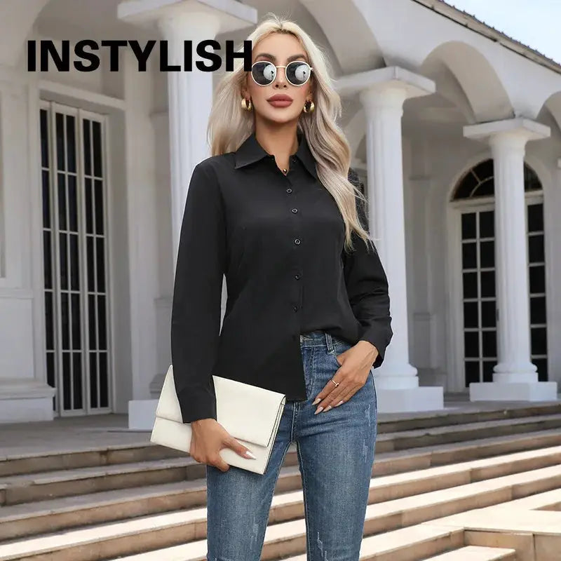 Women elegant solid black chiffon blouse with button-front, long sleeves, turn-down collar for casual OL style