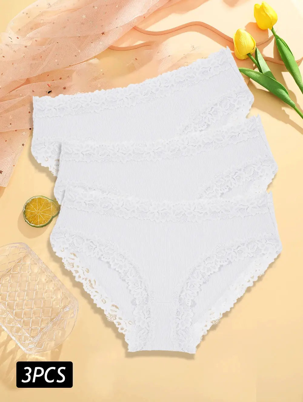 3-piece white lace-cotton panties set; breathable seamless briefs