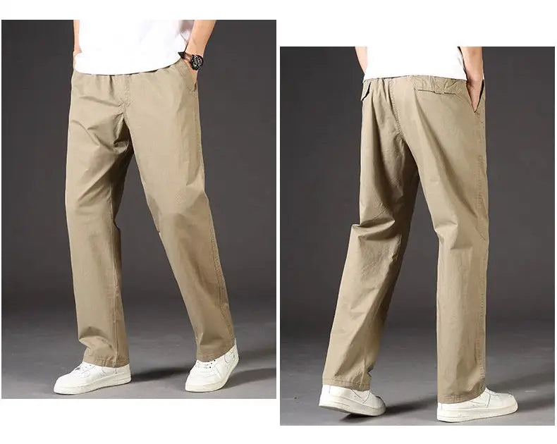 Simples Market men's cargo pants, beige cotton workwear, size 6XL, front and back views.
