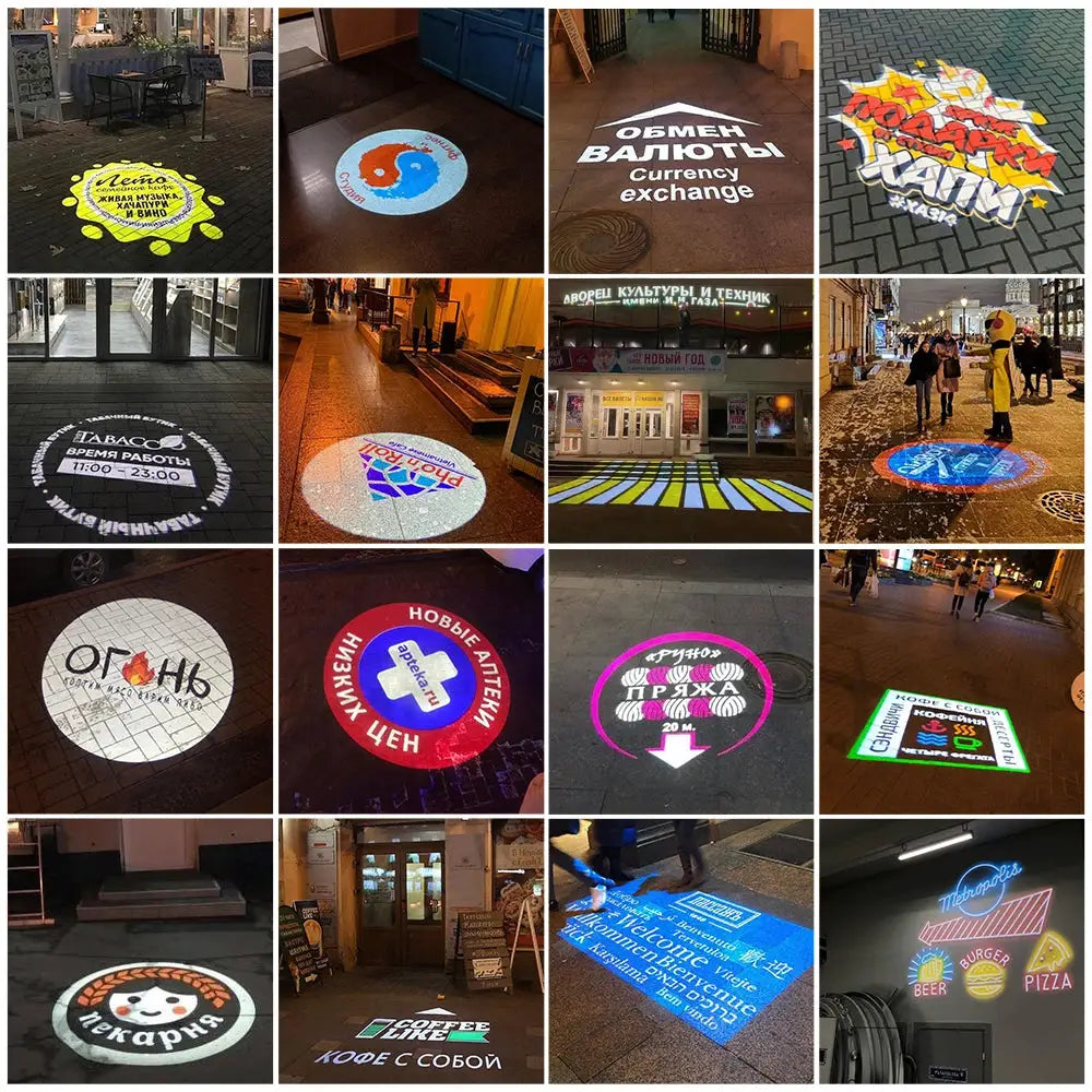 Advertising gobo projector by Simples Market; outdoor LED logo projector, IP67, rotating, showing 16 ground logos.