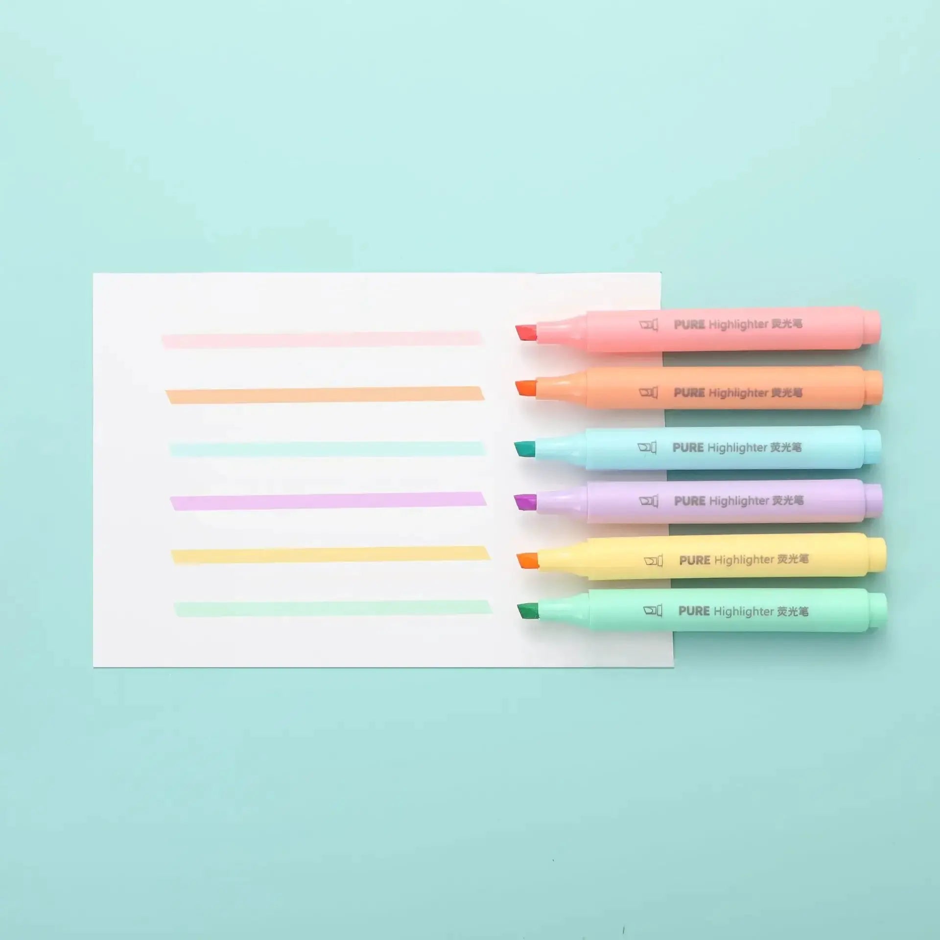 6-piece pastel macaron highlighter set with pink, orange, teal, mint, lavender, and yellow markers
