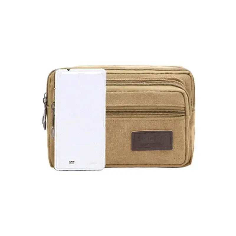 Canvas waist bag, tan color, with multiple zipped pockets; smartphone shown for scale.