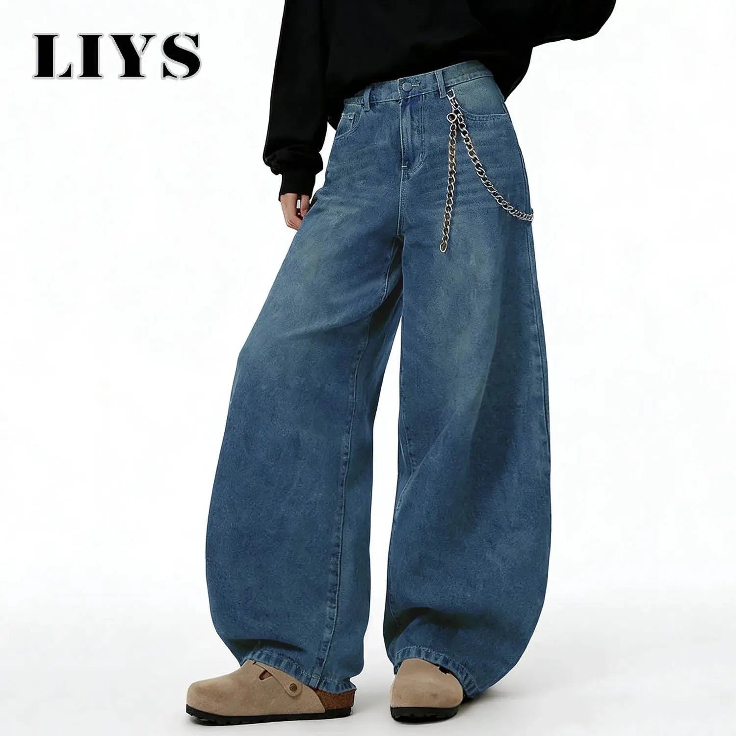 LIYS denim baggy wide-leg jeans for men, distressed blue wash with silver chain belt