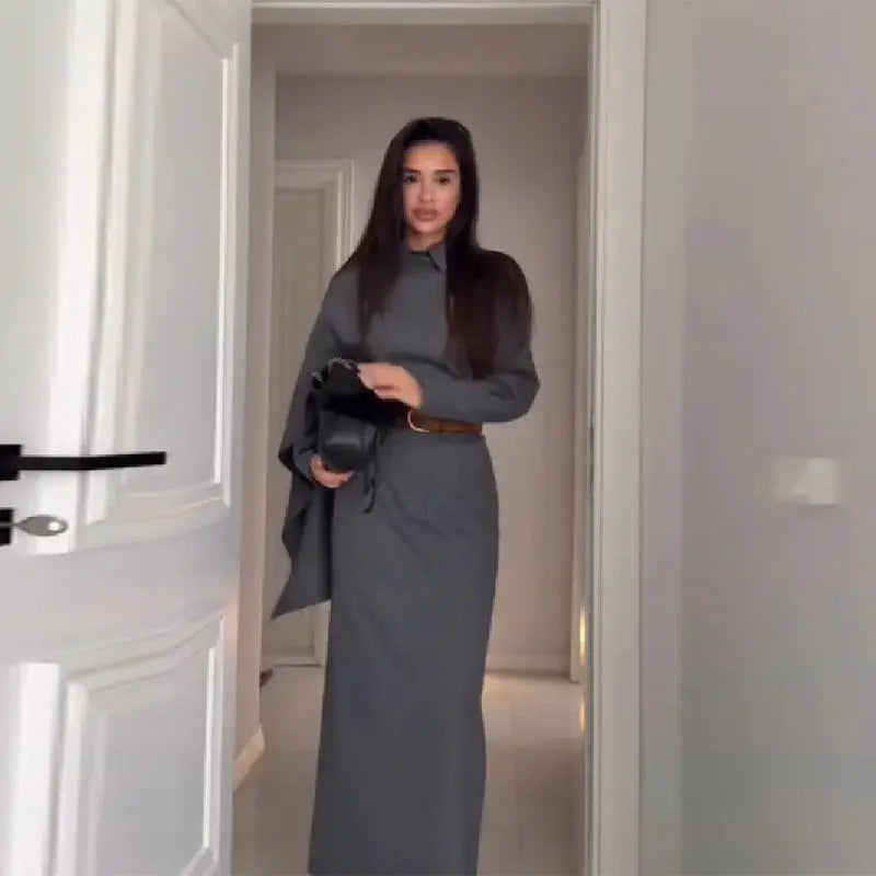 Simples Market vintage grey blazer suit set for women with polo-neck cape blouse and long skirt