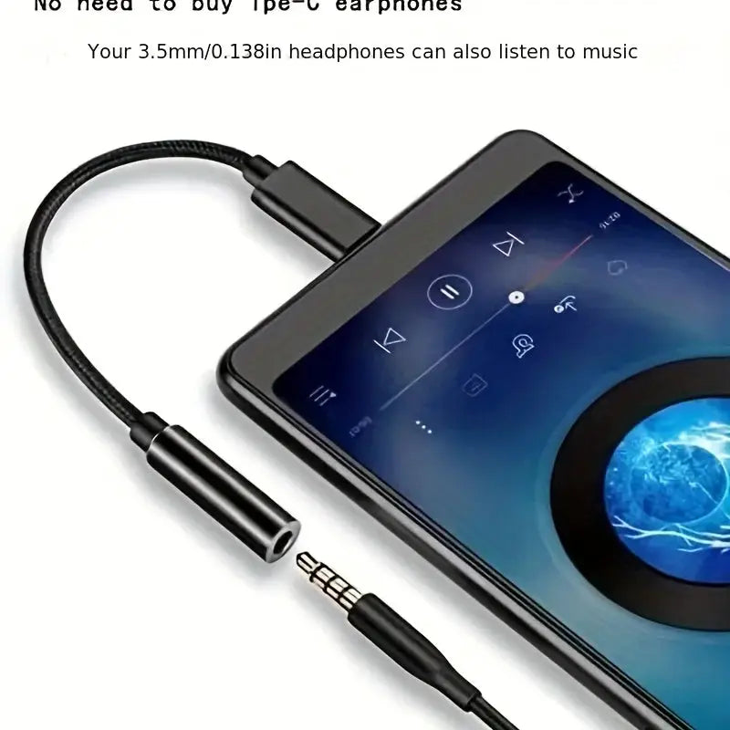 Type-C to 3.5mm headphone adapter with black braided USB-C cable