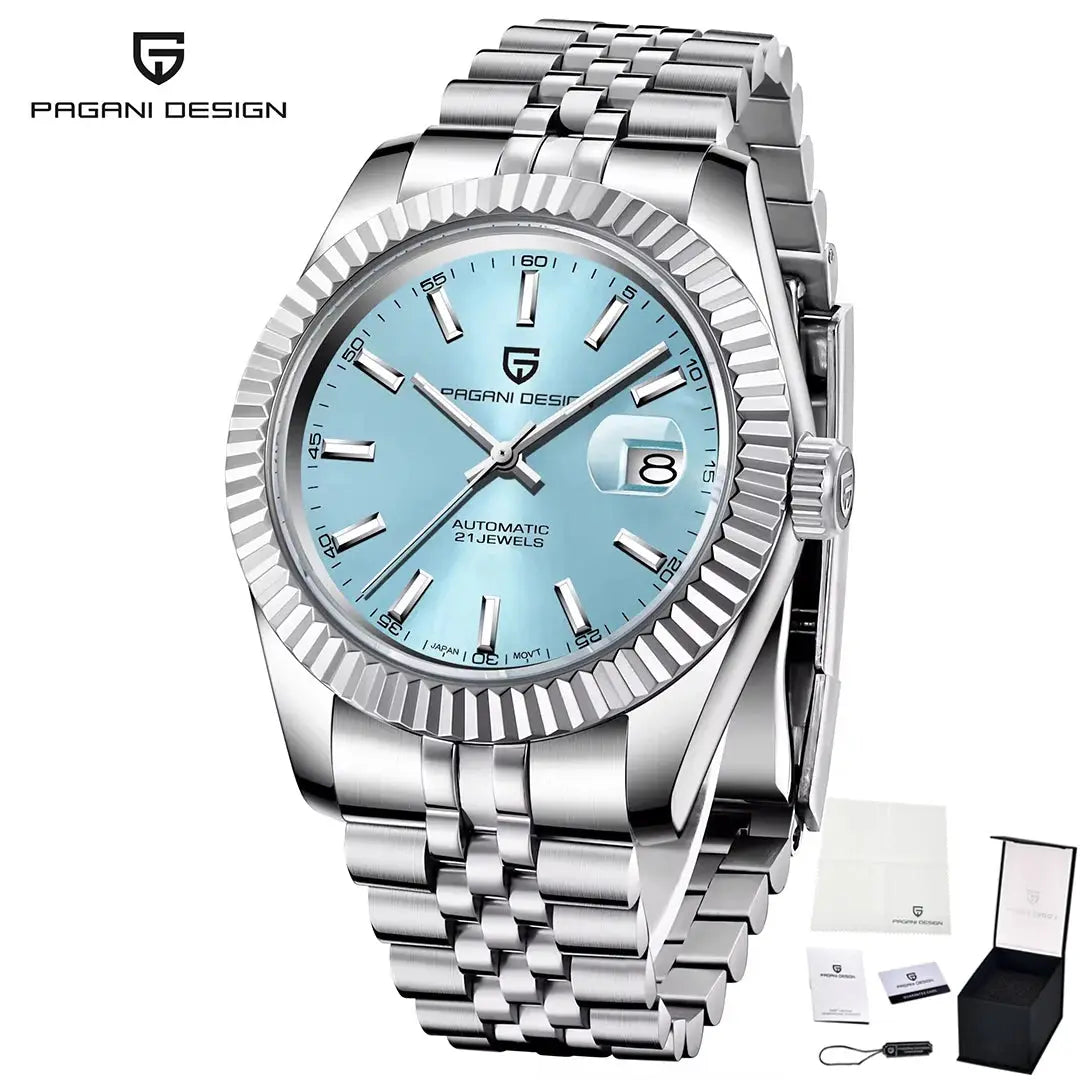 Pagani Design men's automatic watch with light blue dial and stainless steel Jubilee bracelet, 100M water resistant