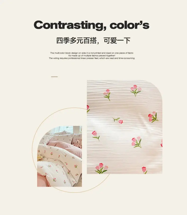 Tulip print three-piece student bedding set with soft pink quilt cover and pillowcases by Simples Market.