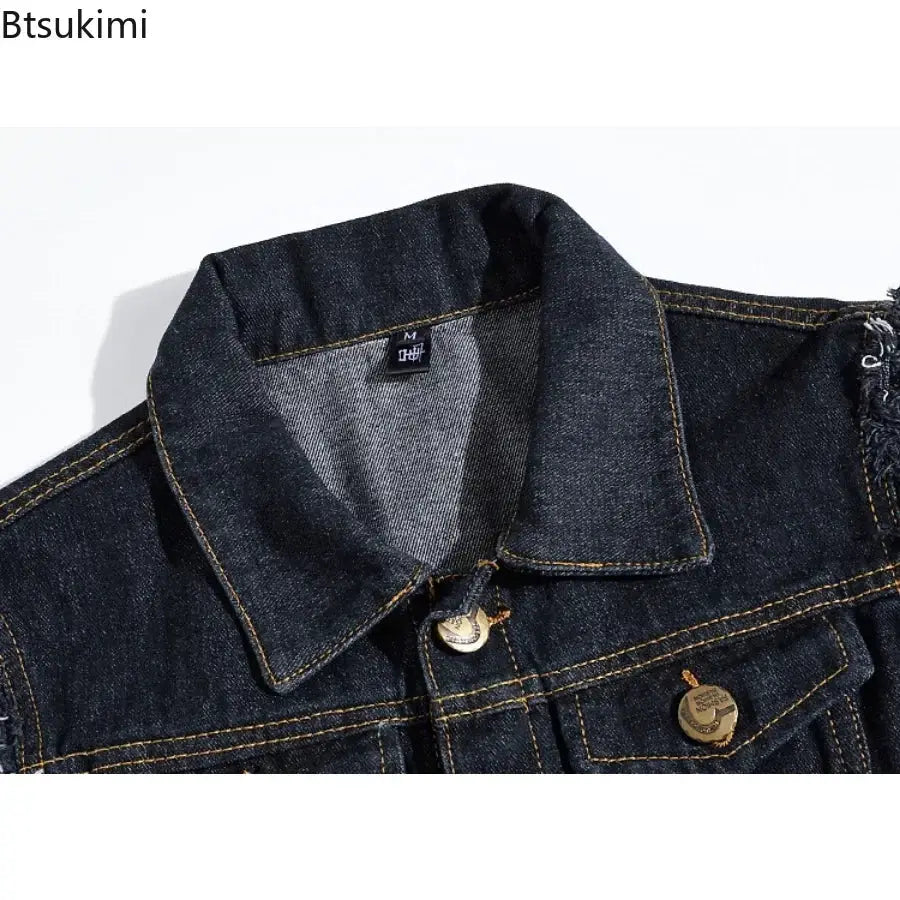 Denim sleeveless jacket vest for men in dark blue with orange stitching and metal buttons