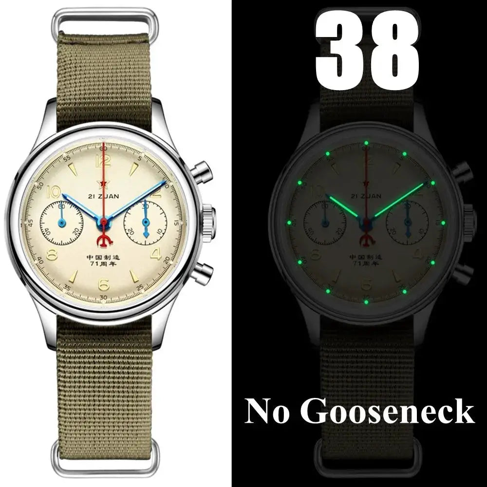 Red Star 38mm men's chronograph watch on khaki strap; beige dial with blue subdials and red hands, shown in two views.