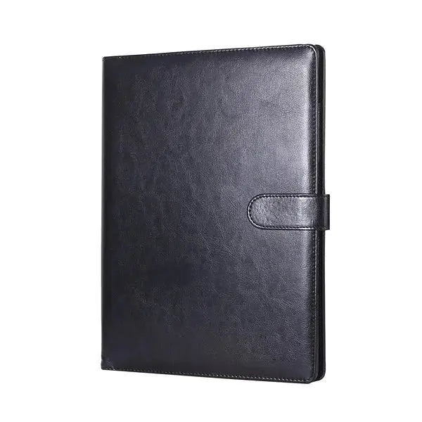 A4 conference folder binder in black PU leather with strap closure