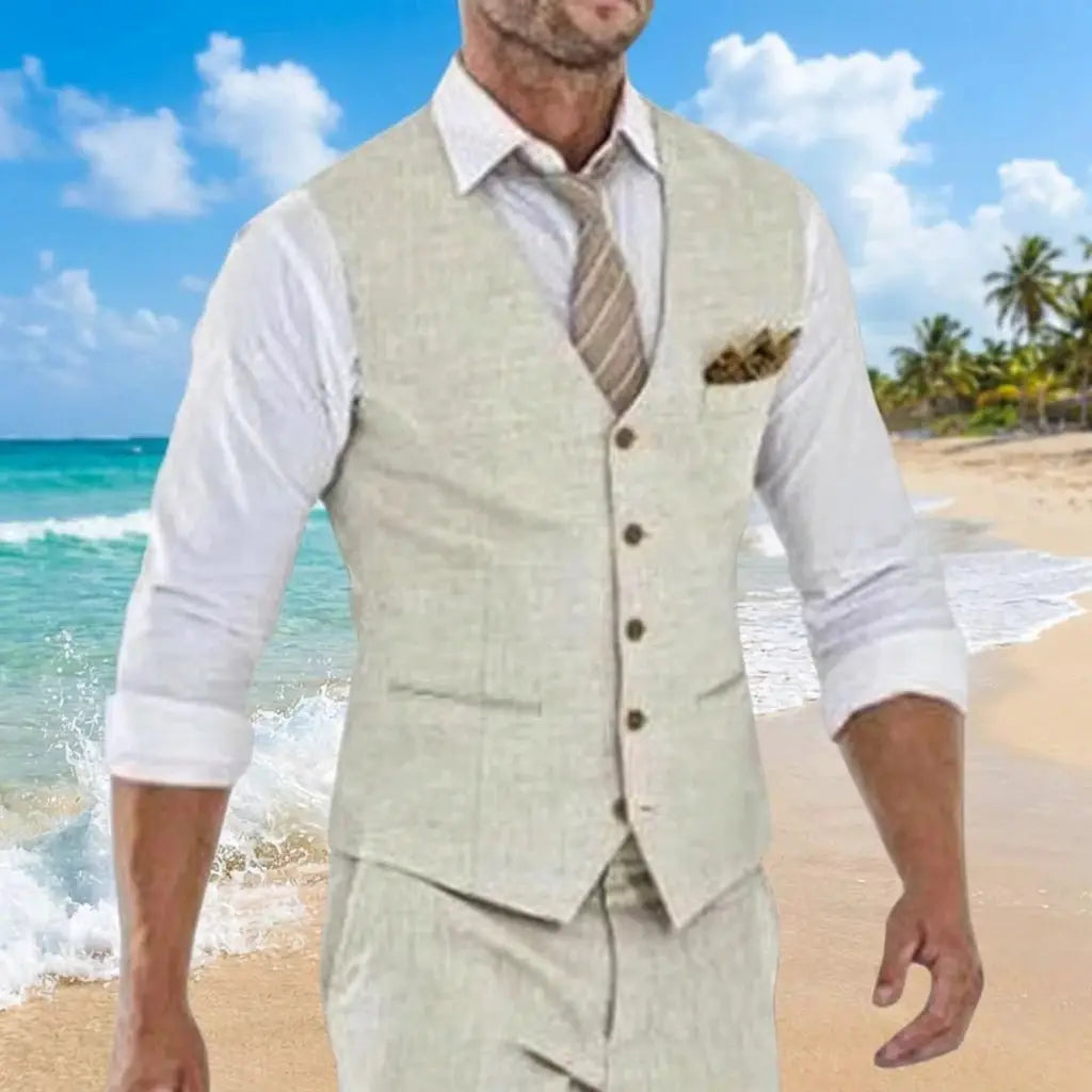 Beige linen men's waistcoat suit with matching trousers on a beach backdrop