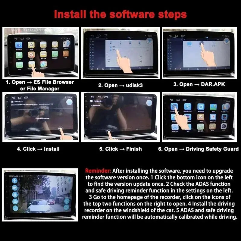 Car DVR Dash Cam Full HD 1080P by Simples Market; six-step software install guide on a touchscreen car dashboard