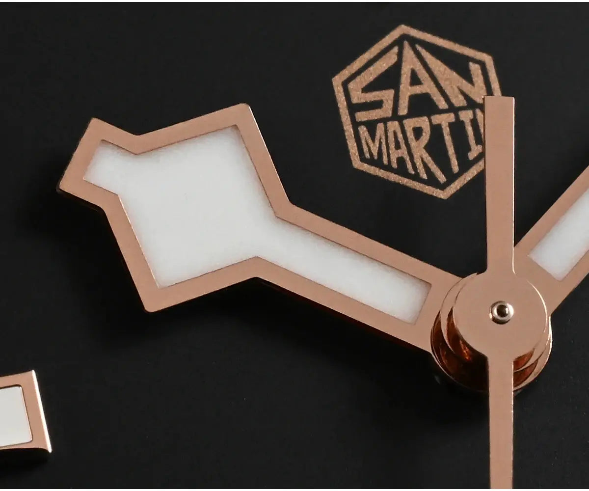 San Martin 40mm BB Diver watch bracelet in rose-gold with white inserts, San Martin logo visible.