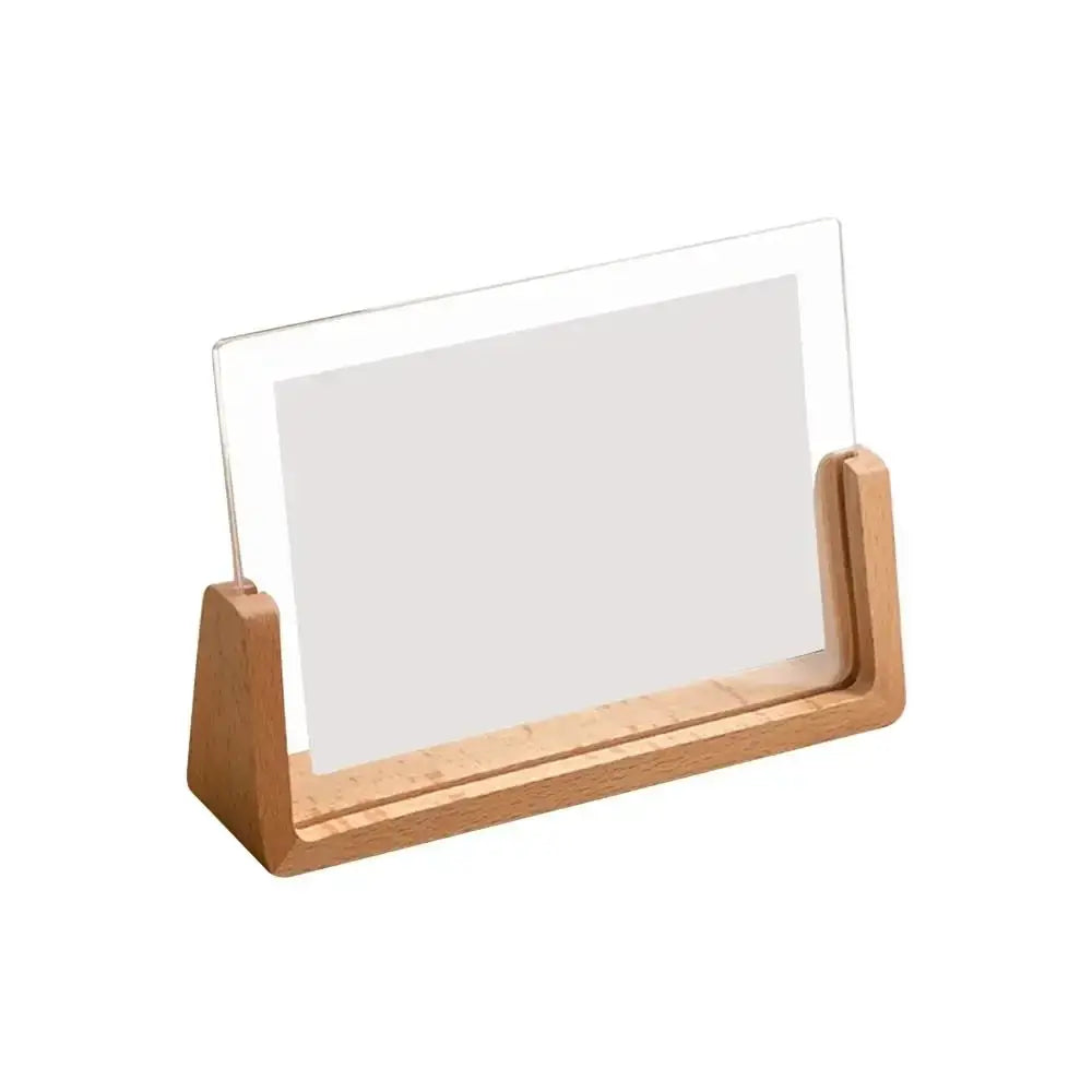 Walnut and beech wood photo frame with transparent acrylic U-shaped stand for desktop display