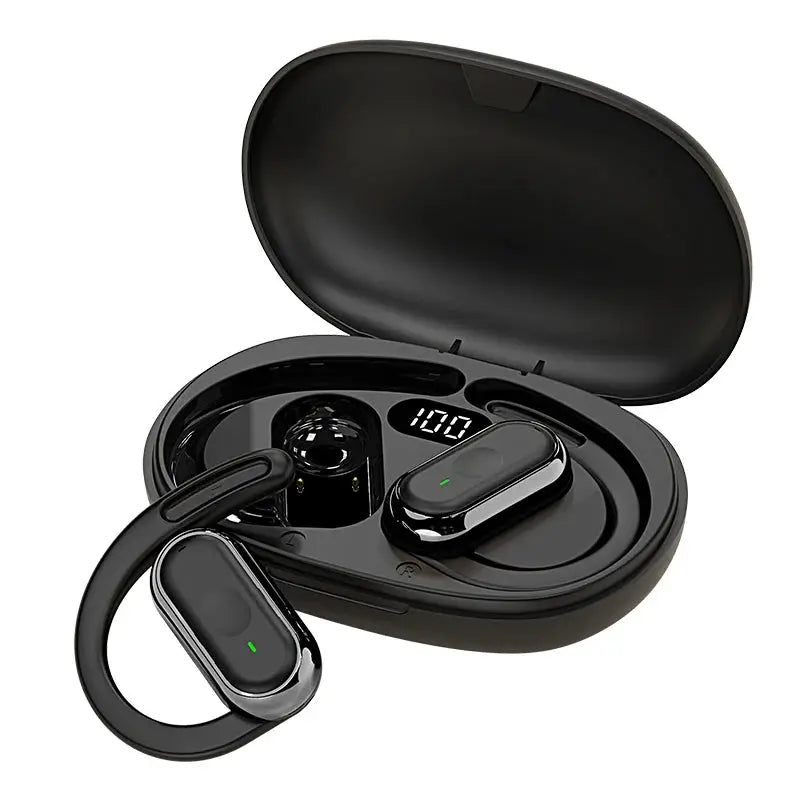 Bluetooth 5.4 wireless earphones in black with charging case and LED display, IPX7 waterproof.