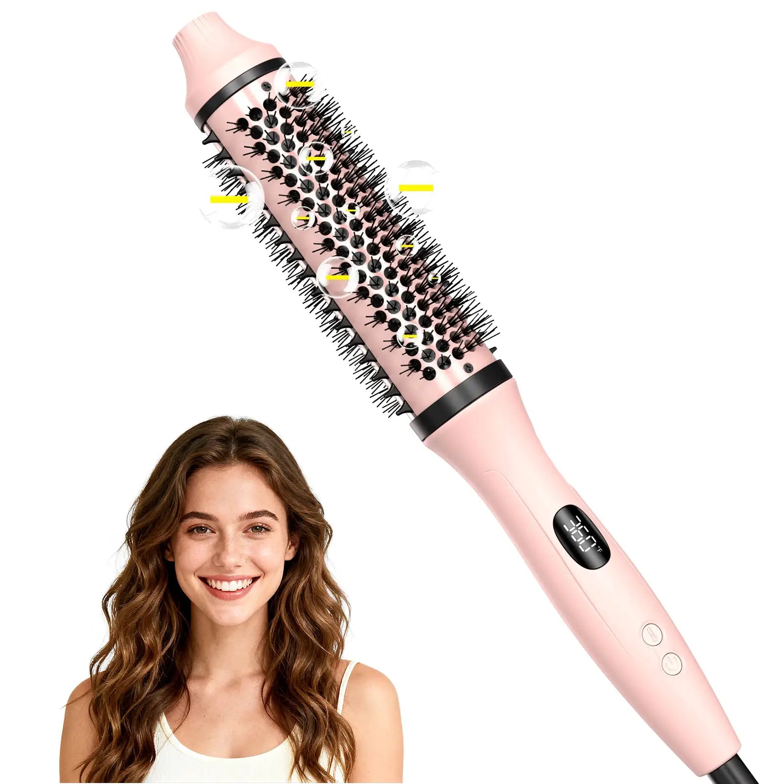Heated round brush by Simples Market, pink 1.5-inch barrel with digital temperature display and dual voltage
