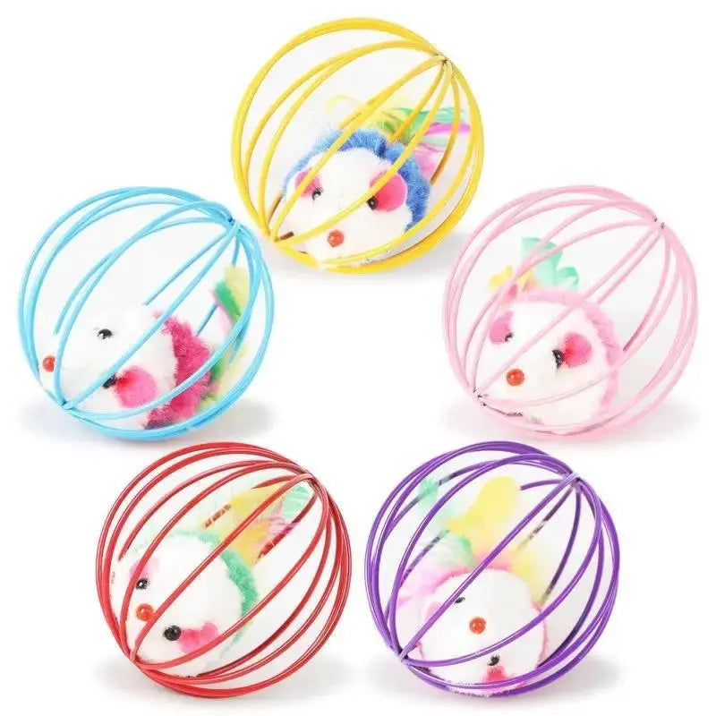 Colorful mouse-in-ball cat toy set with five cages in blue, yellow, pink, red and purple housing white plush mice.