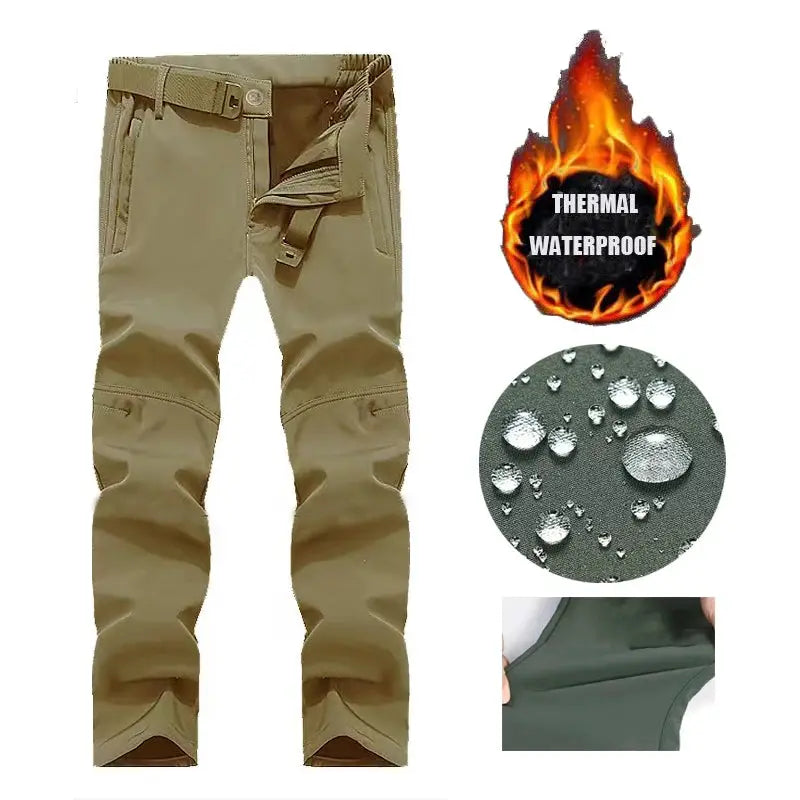 Men's Simples Market cargo fleece-softshell hiking pants, tan, waterproof with multiple pockets.