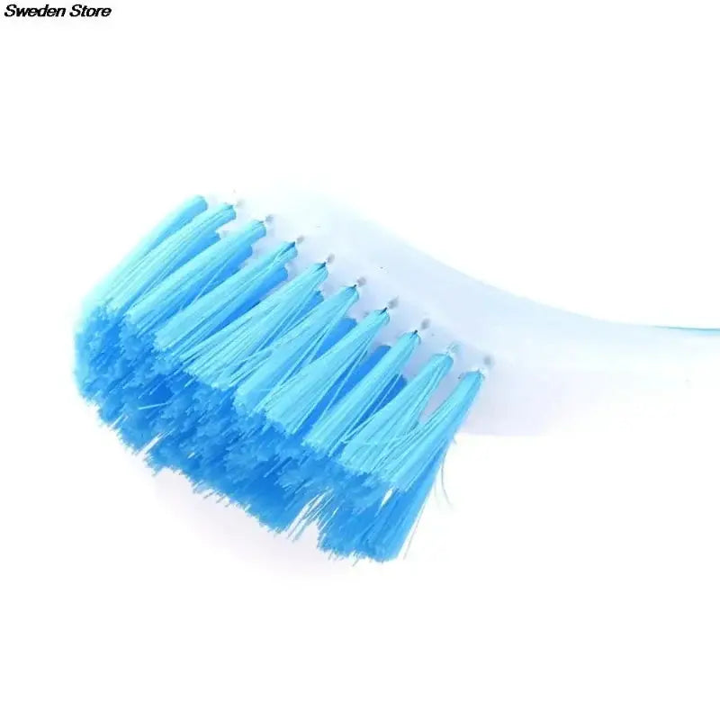 Pot cleaning brush with long white handle and blue bristles