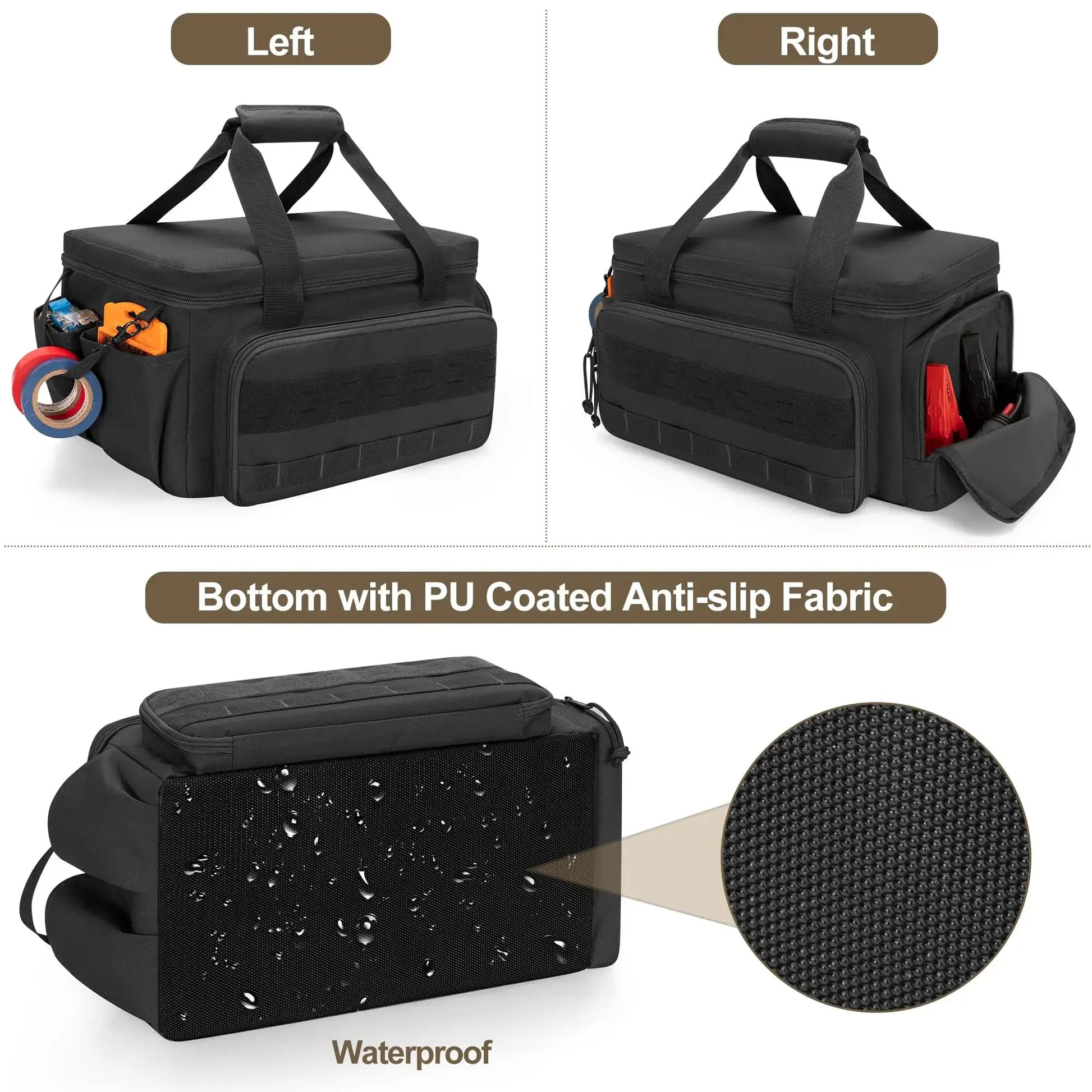 Simples Market toolkit bag with shoulder strap; black multi-pocket tool tote with PU-coated anti-slip bottom