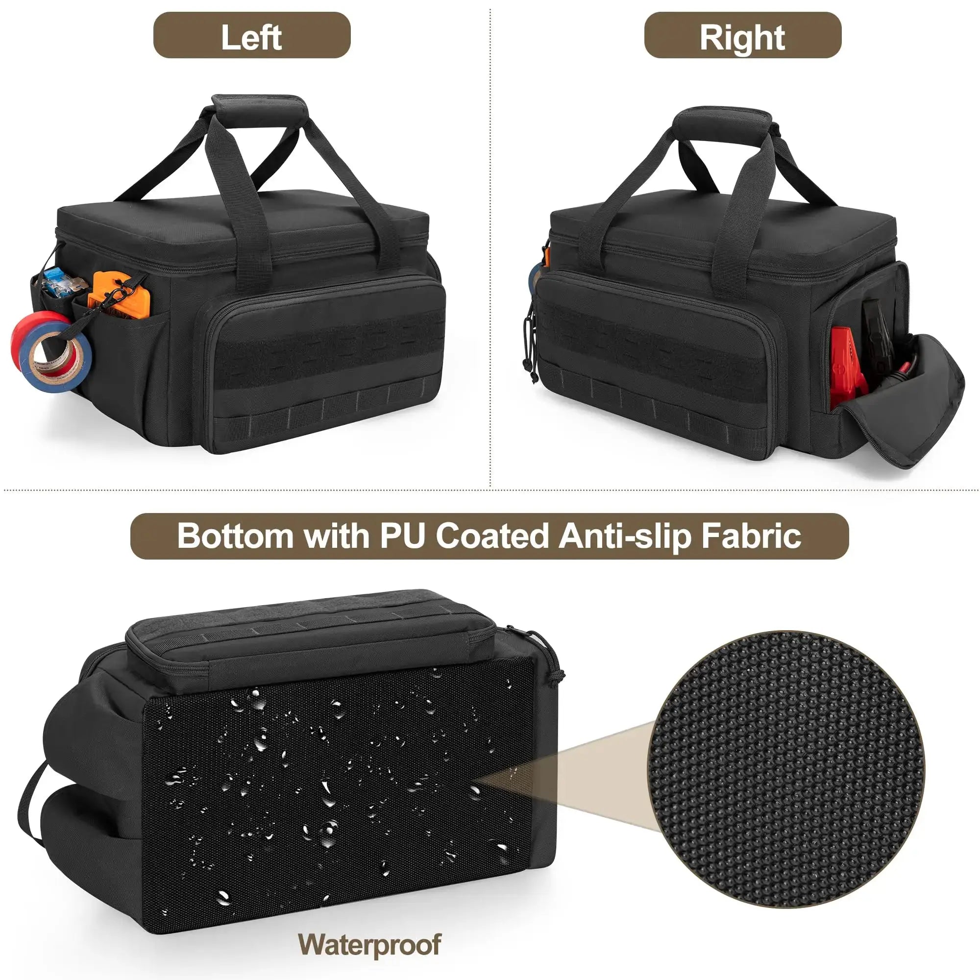 Simples Market toolkit bag with shoulder strap; black multi-pocket tool tote with PU-coated anti-slip bottom