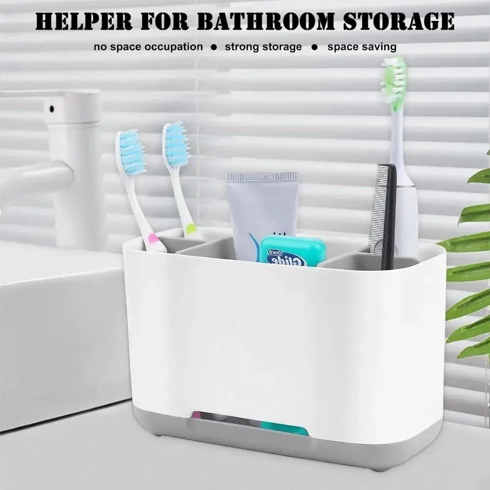 Simples Market white toothbrush organizer with multiple compartments for toothbrushes, toothpaste and accessories.