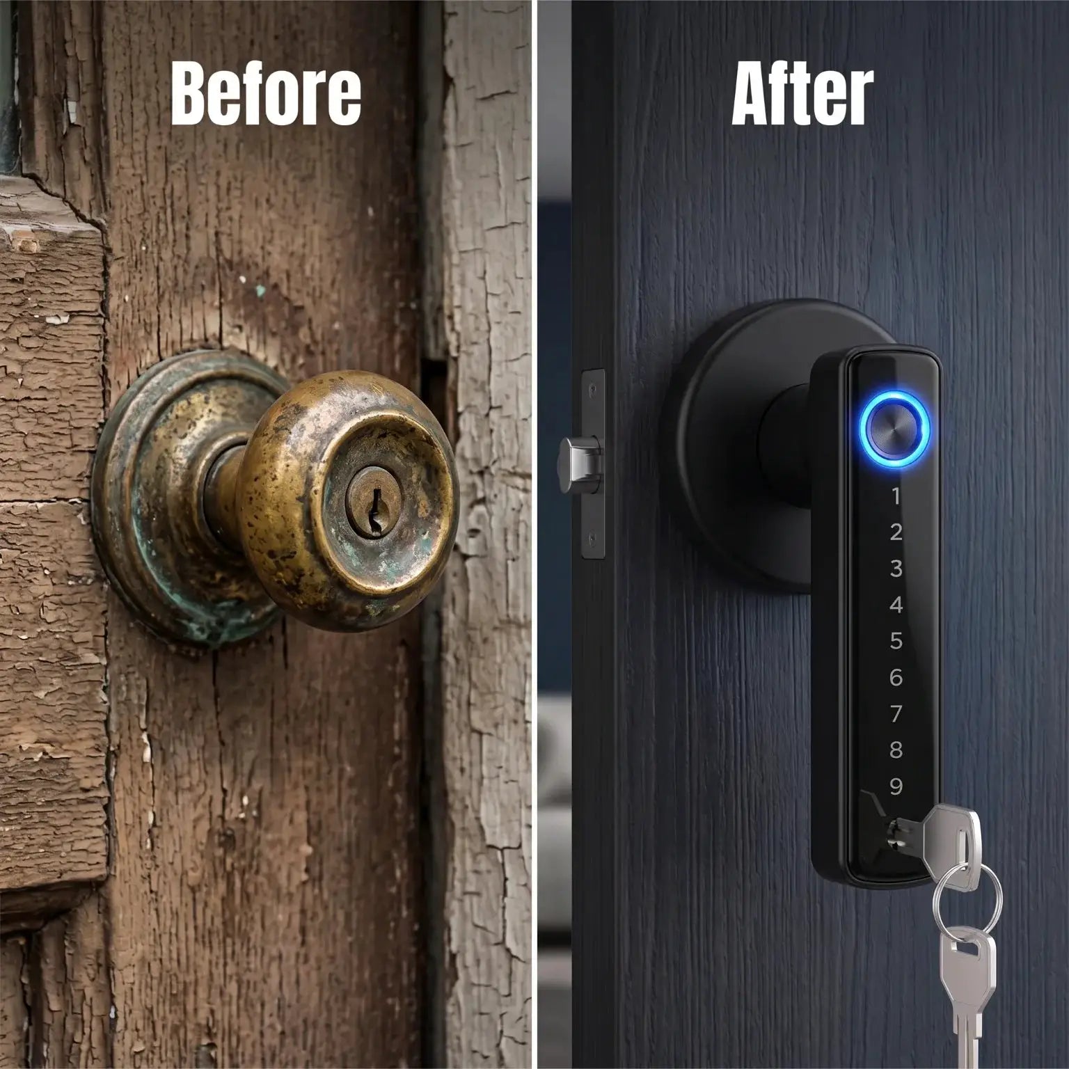 Tuya Bluetooth smart door lock lever with black finish and blue LED keypad for interior doors, shown with a doorknob