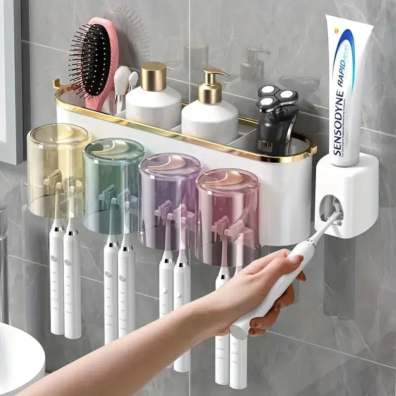 BrightNest Toothbrush Holder With Squeezer And Mouthwash Cup Adhesive Mount Perforation Free Design For Home Organizing