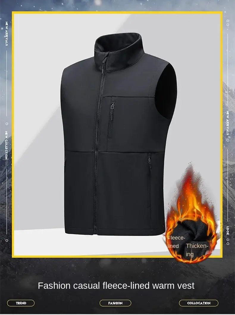 Simples Market black fleece-lined insulated vest, soft-shell sleeveless jacket with zip pockets