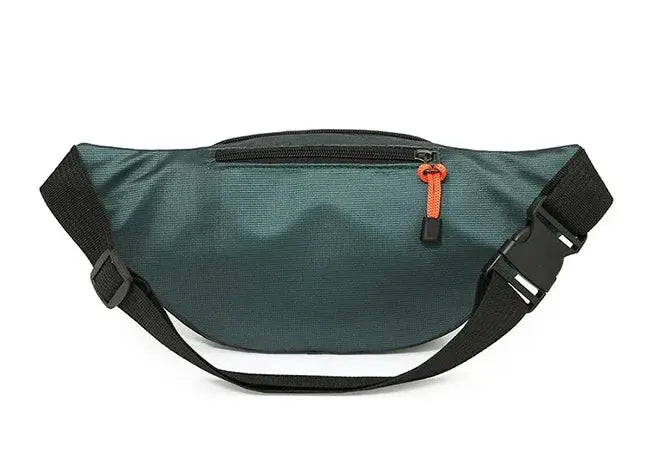 Oxford waterproof waist bag, teal unisex fanny pack with black strap and orange zipper pull.