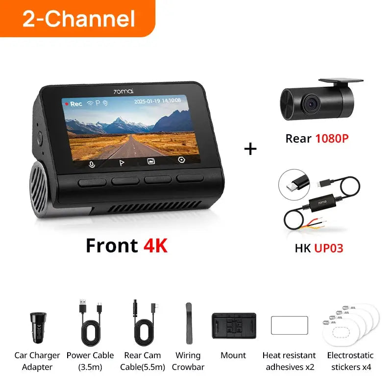 70mai 4K Dash Cam A800SE 2-channel front 4K + rear 1080p camera with HK UP03 power adapter and cables