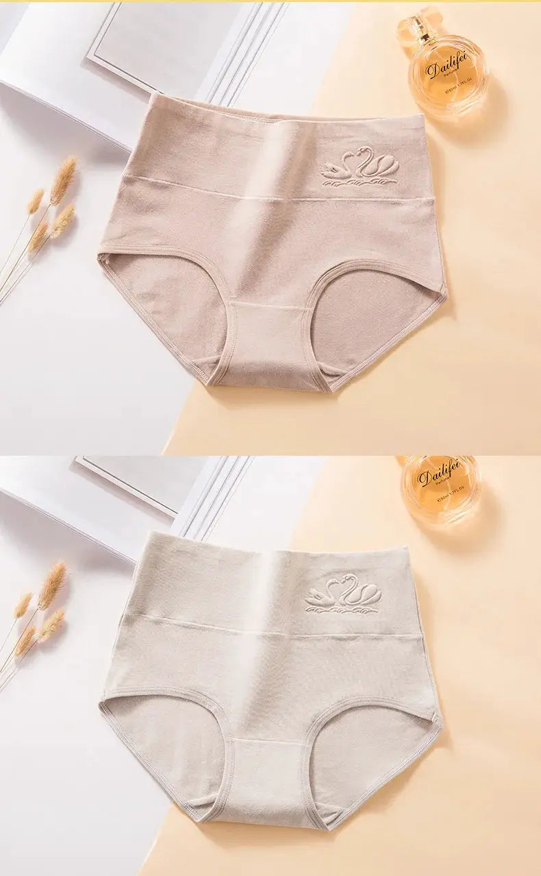 Simples Market 4-pack women's plus-size high-waist cotton panties, beige, breathable briefs with swan embroidery