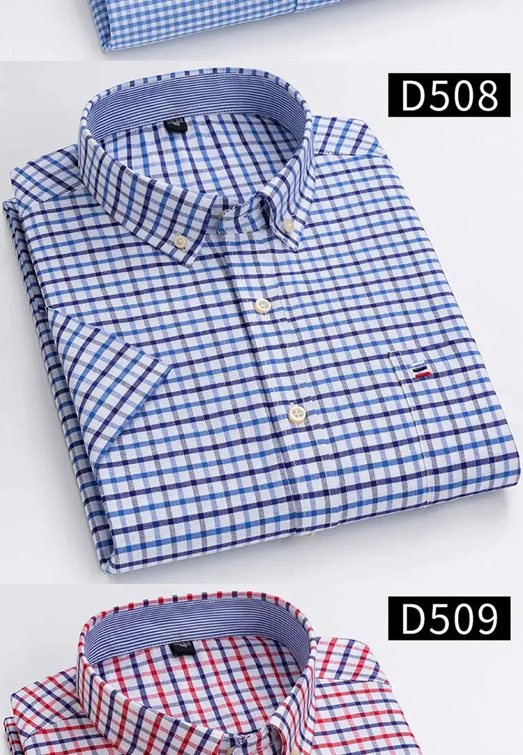 Simples Market men's plaid cotton Oxford shirt with pocket; button-down collar, two shirts shown.