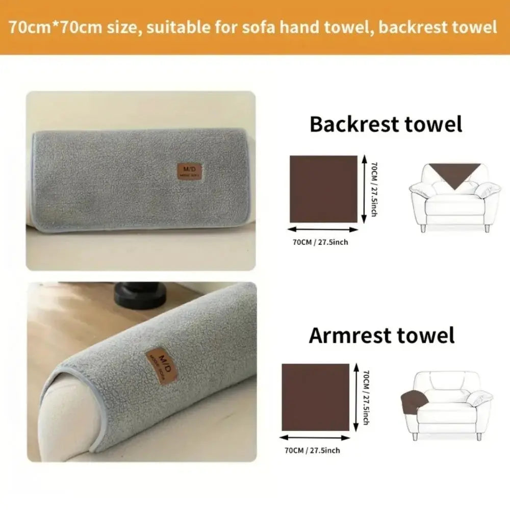 Solid gray sherpa sofa slipcover with anti-slip backing; two-piece backrest and armrest towel set