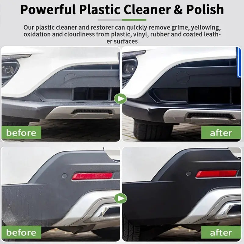 Plastic Restorer Back To Black gloss car polish by Simples Market; darker, shinier bumper plastics (before/after)