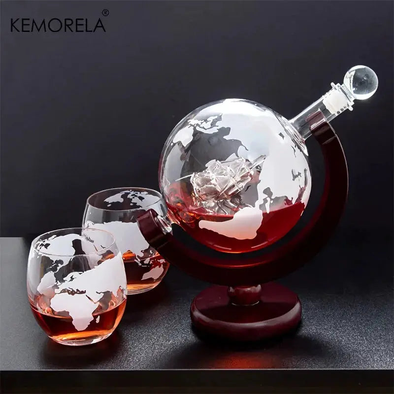 900ML Globe Decanter Set With Lead Free Carafe Wood Stand And Two Glasses Whiskey Gift