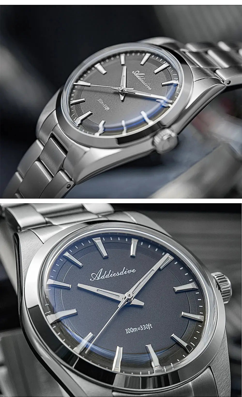 Addiesdive 36mm men's stainless steel watch with grey dial, bubble mirror glass, 100m water resistance
