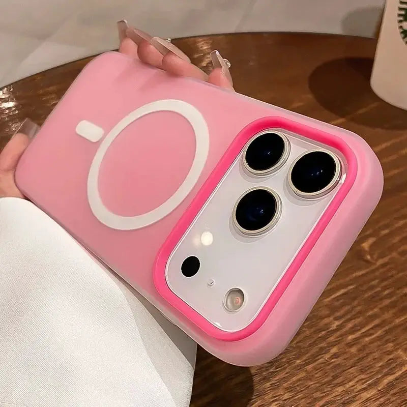 Luxury 2-in-1 magnetic shockproof pink liquid silicone MagSafe bumper case for iPhone with triple-camera cutout