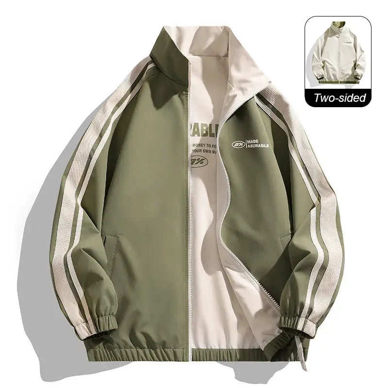 Simples Market two-sided reversible windproof jacket in olive green and beige with striped sleeves