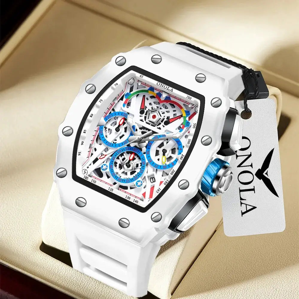 Onola Mens Luxury Quartz Watch Waterproof Multifunctional Silicone Strap for Everyday Fashion