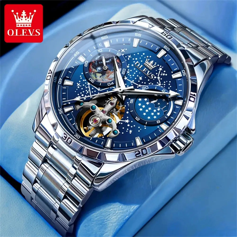 OLEVS flywheel skeleton automatic watch for men, blue starry-sky dial, stainless steel bracelet