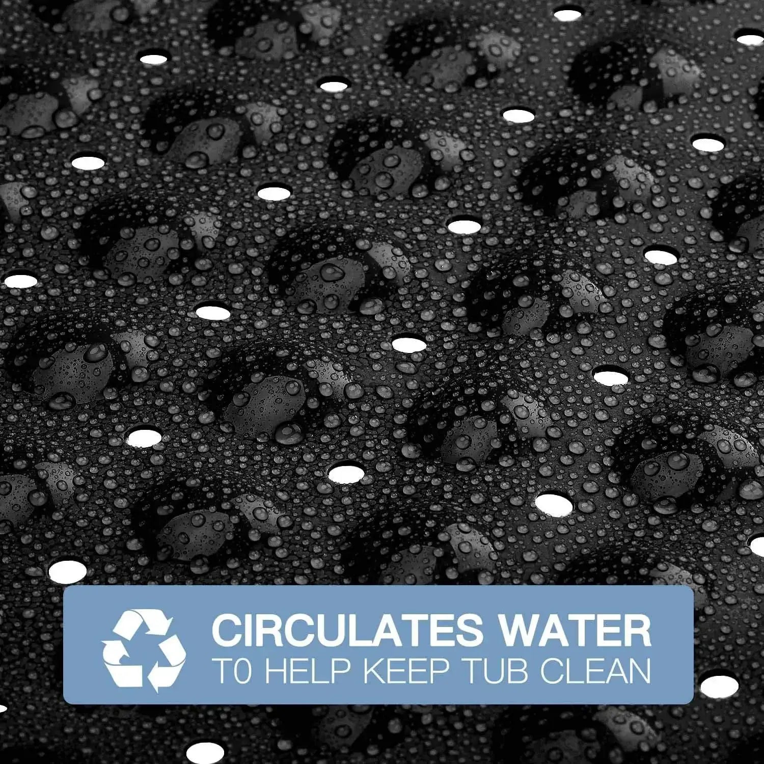 Black PVC non-slip bath mat with suction cups and drain holes