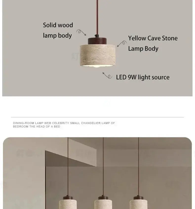 LED pendant lamp by Simples Market, yellow cave stone with wooden cap, 9W LED, set of 3.