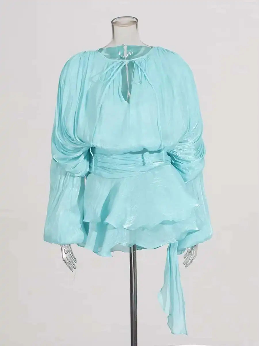 Twotwinstyle Solid Blouse Mini Dress For Women V Neck Long Sleeve Lace
