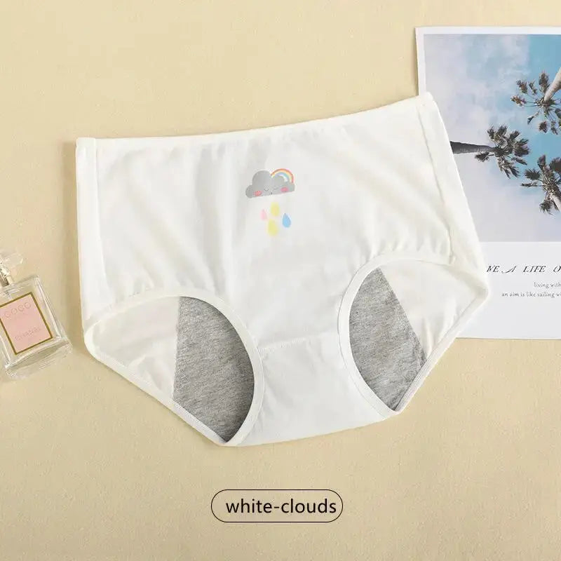 White cotton girls' menstrual underwear with gray lining and cute rainbow cloud print by Simples Market