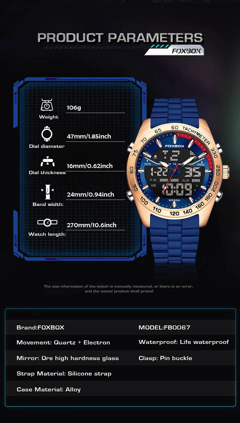 FOXBOX FB0067 men's luxury quartz digital watch with blue silicone strap and rose-gold bezel