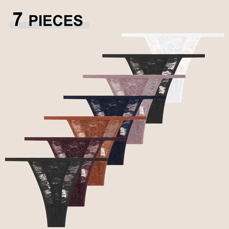 7-piece women's lace G-string set by Simples Market in assorted colors